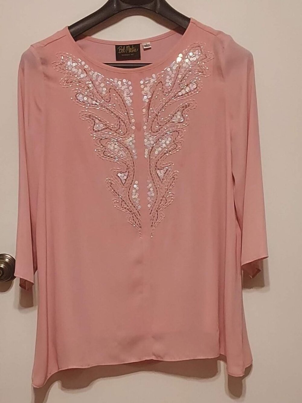 Bob Makie Womans Dress Sparkle Blouse Sz L 3/4 Sleeves Beaded Sparkle Linned